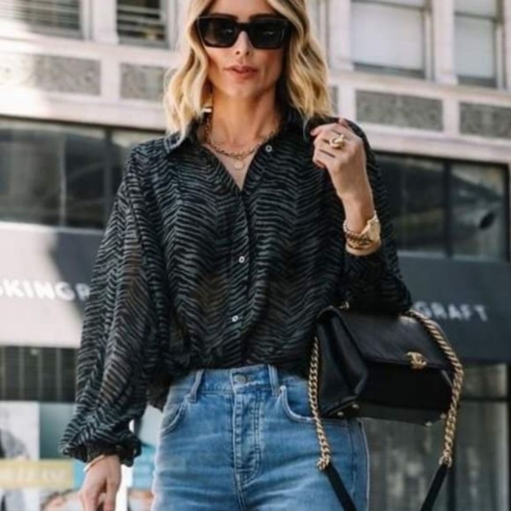 Anine Bing Black and Gray Patterned Blouse